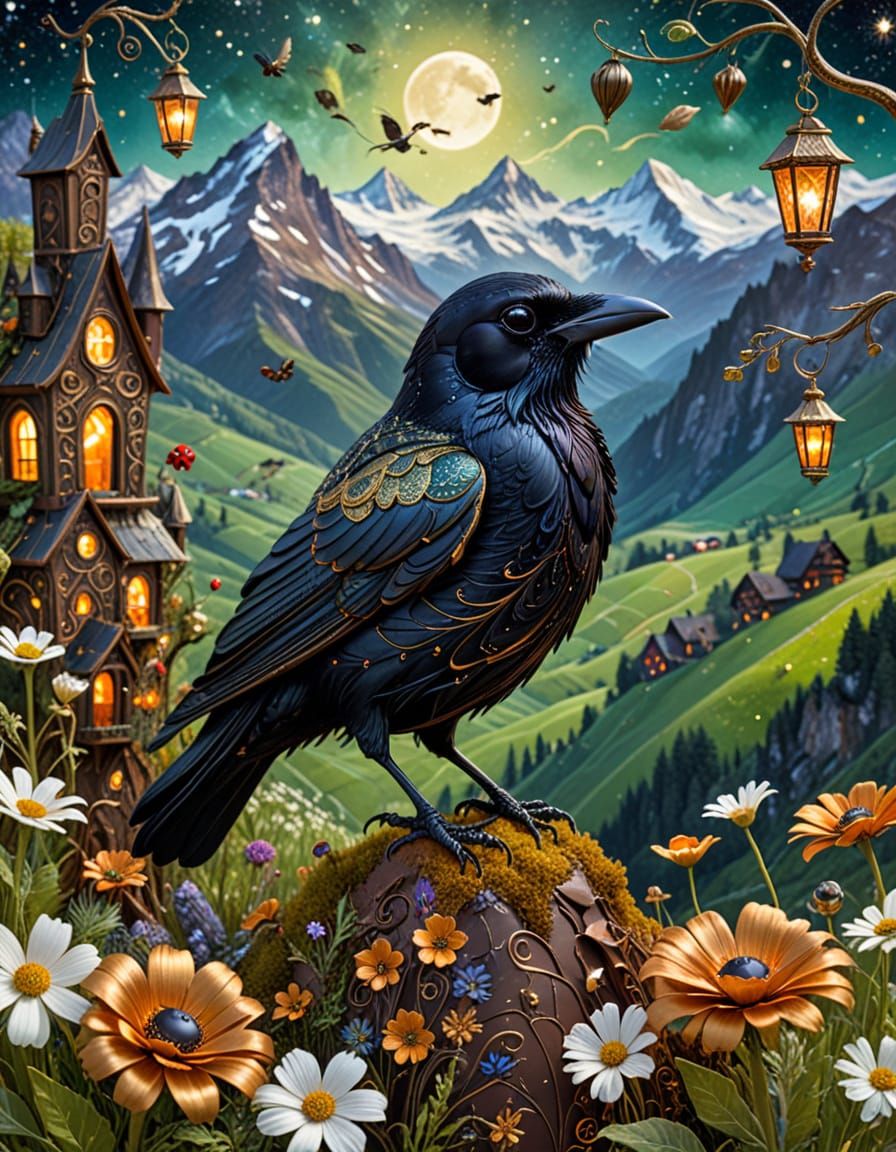 Raven Chocolate Alps Impasto Painting