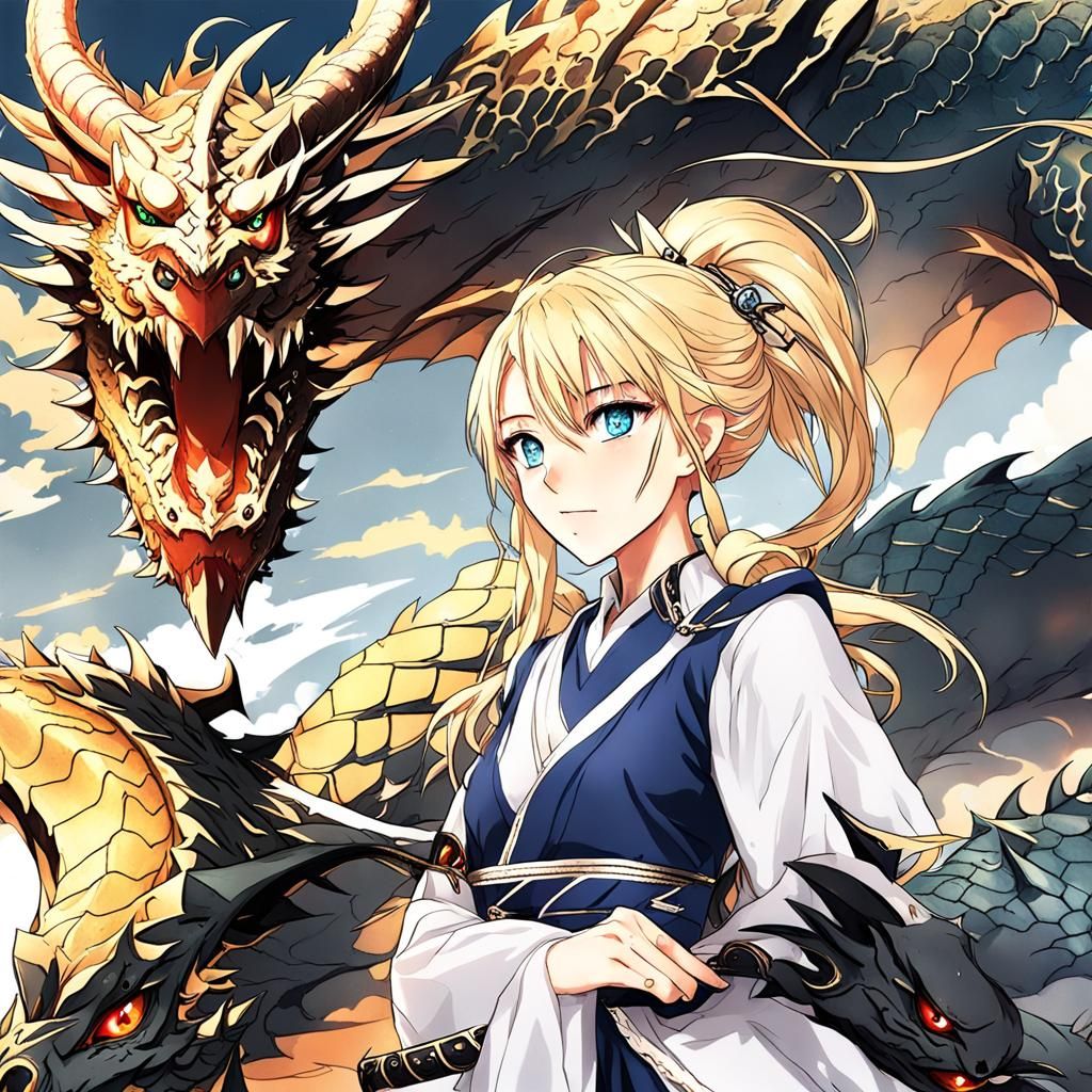 Anime Style: Blonde Girl with Dragon and Heterochromia