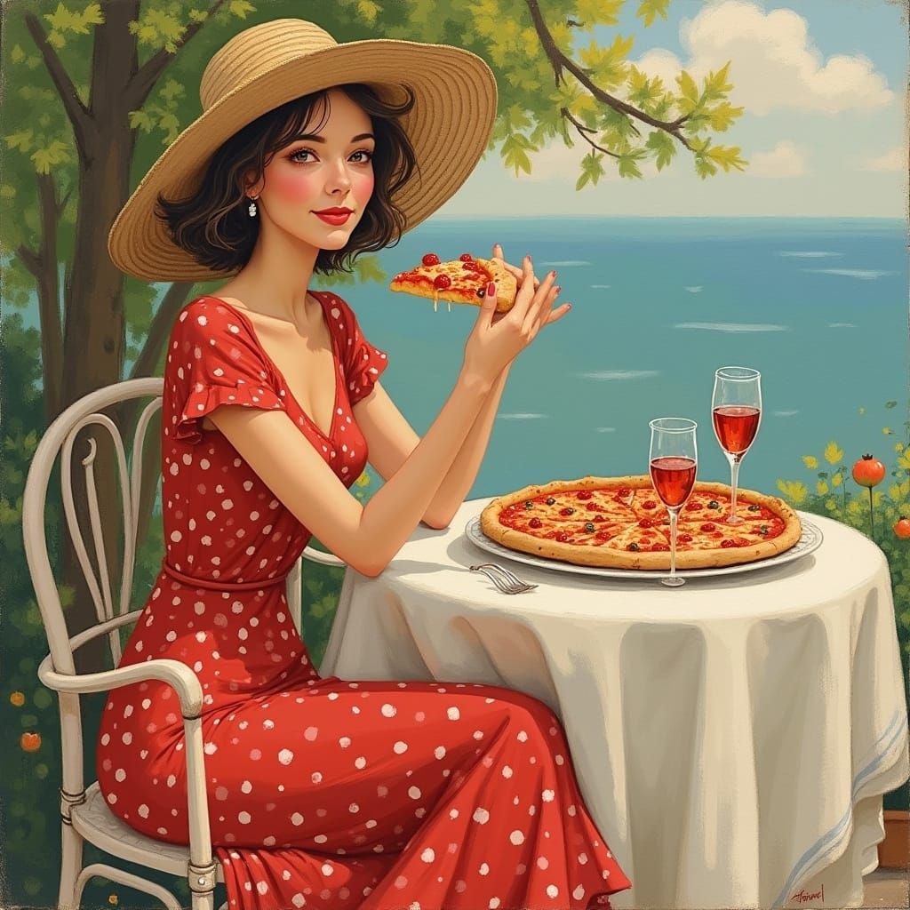 Elegant Woman Enjoys Pizza: Impressionistic Style