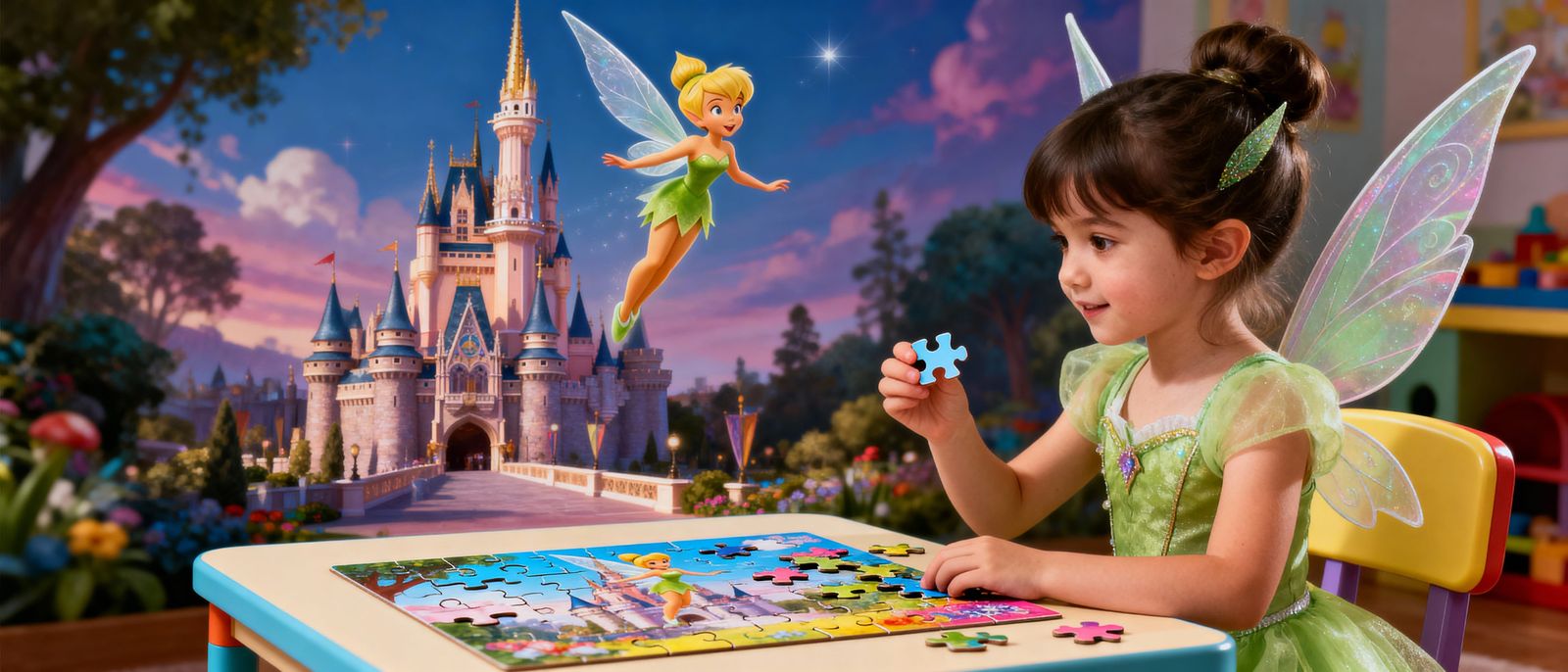 Young Girl Assembling Tinkerbell Puzzle in Detailed Bedroom