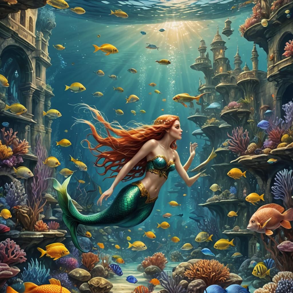 Mermaid Swimming in a Pre-Raphaelite Underwater City