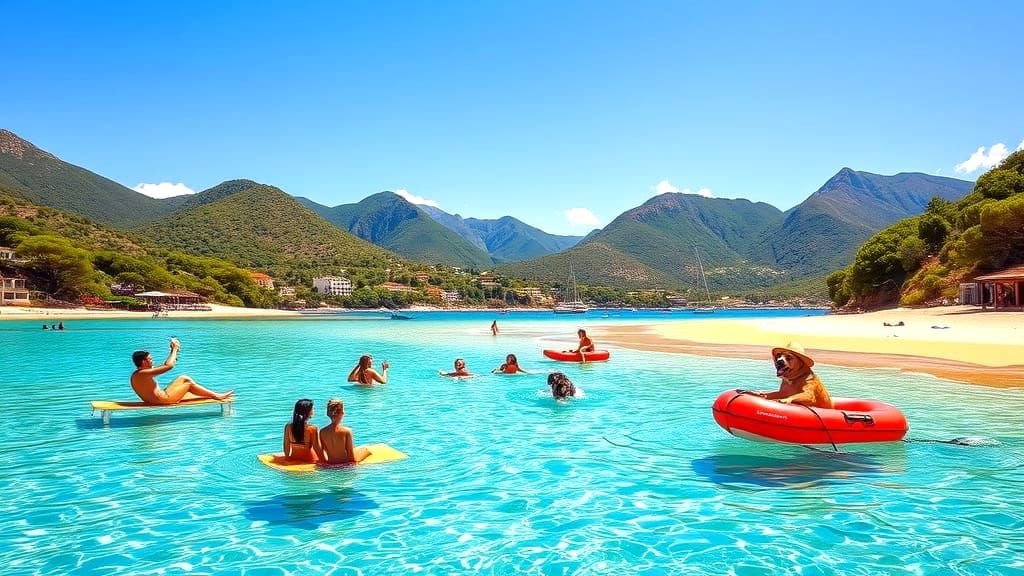 Turquoise Bay Scene with Lush Green Hills and Traditional Fi...