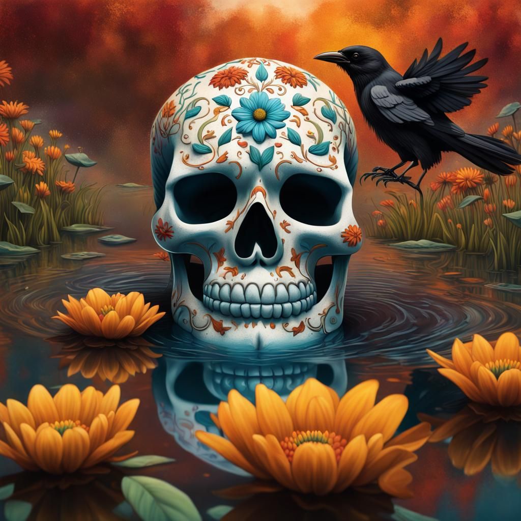 Turquoise Sugar Skull in Autumnal Pond