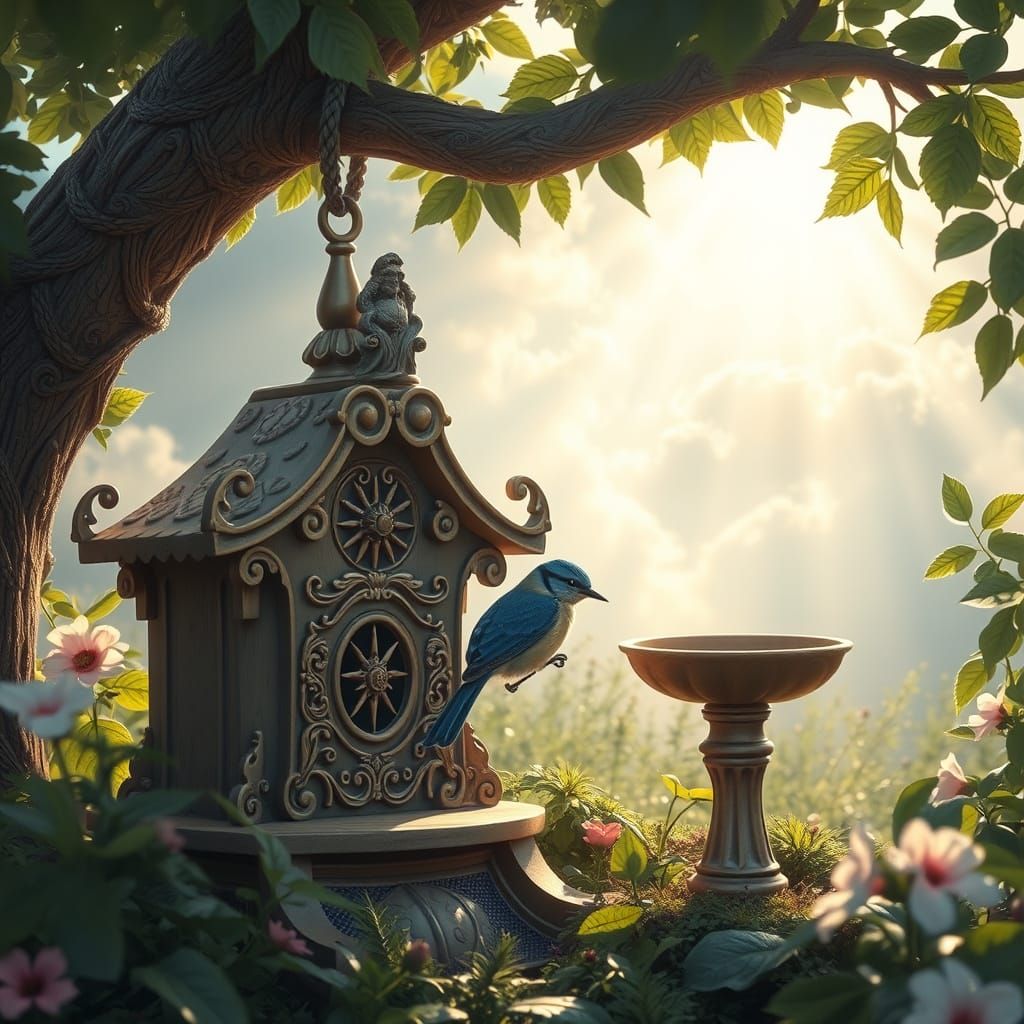 Detailed Birdhouse with Bluebird in Dreamy Sunlight