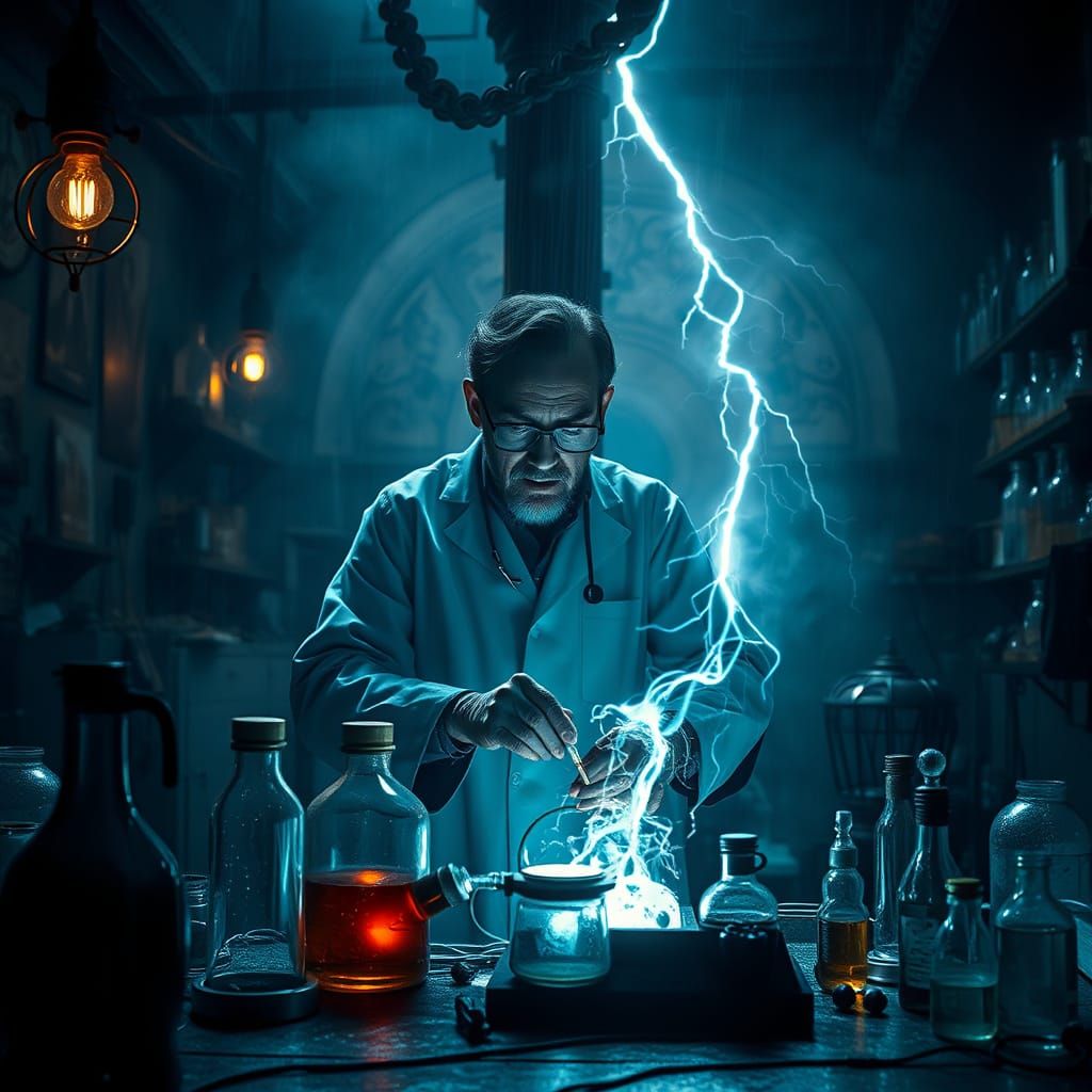 Mad Scientist Conducts Gothic Horror Experiment in Stormy La...