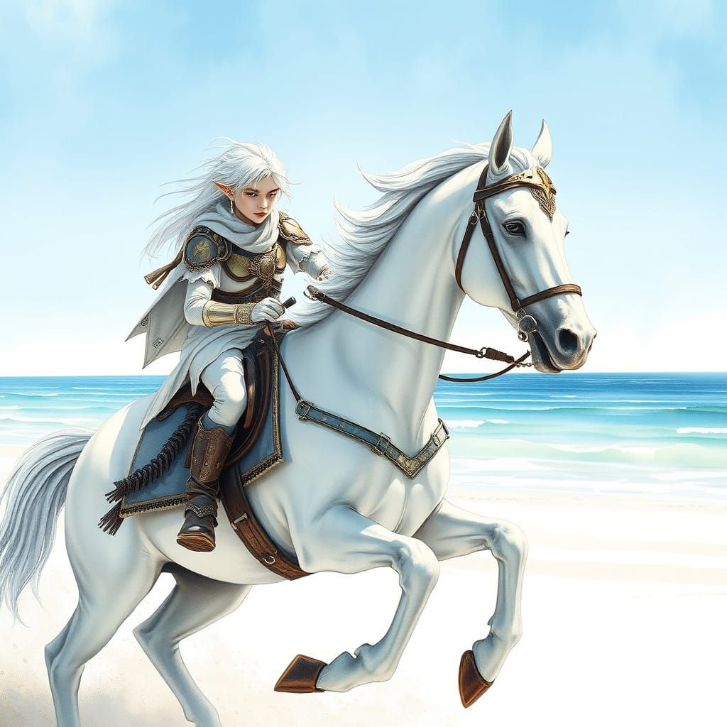 Ethereal Elf Rider on Galloping Horse Amidst Seaside Wonder