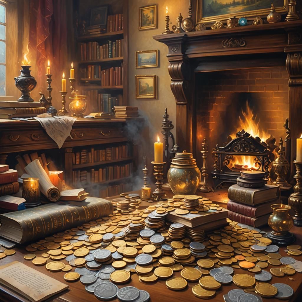 Enchanting Still Life with Coins and Scrolls in Oil