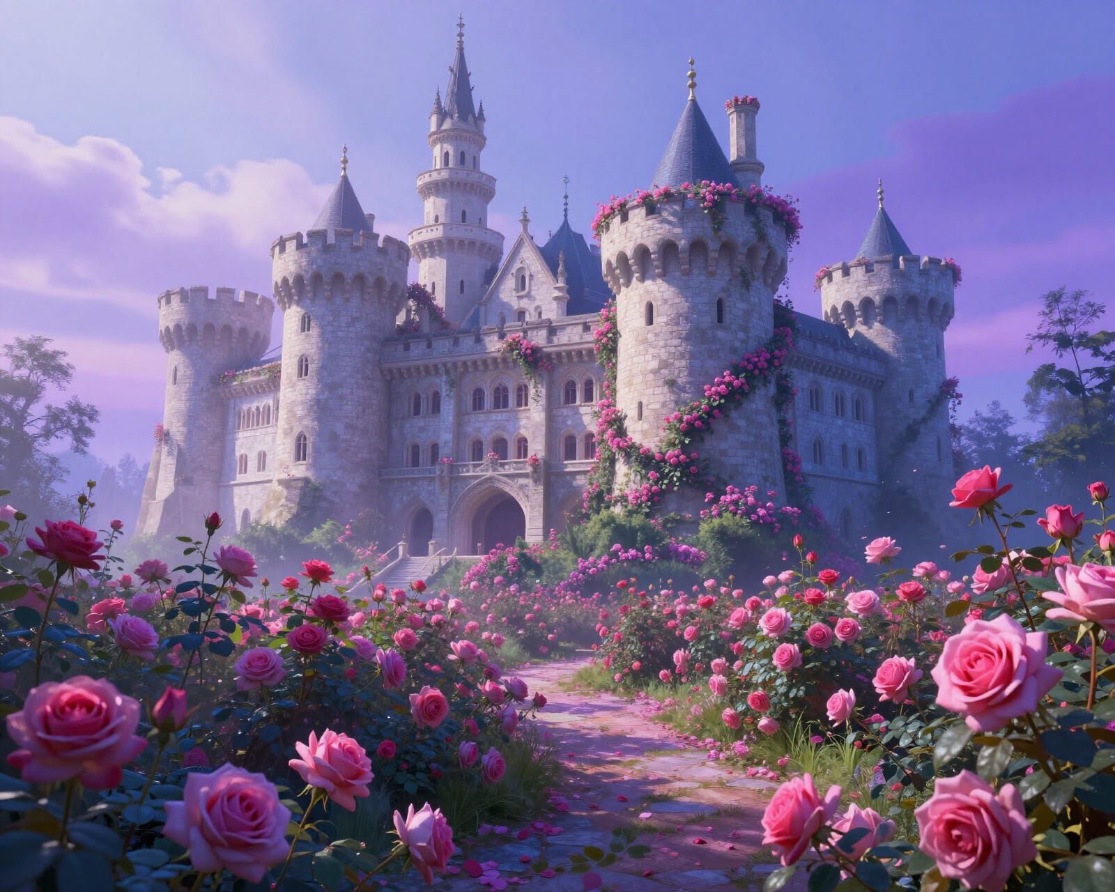 Castle Engulfed by Roses in Ethereal Mist