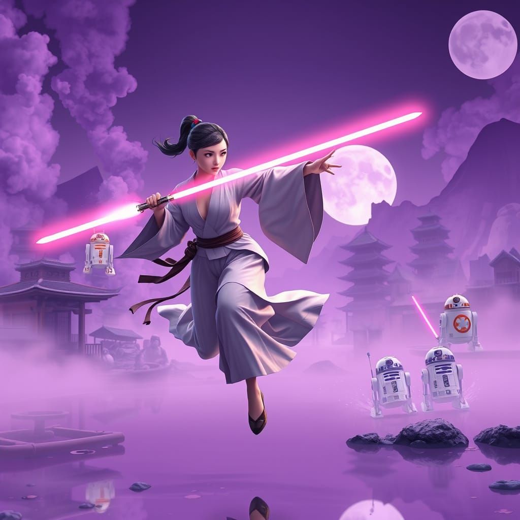 Jedi Warrior Leaping in Edo Japan with Lightsaber