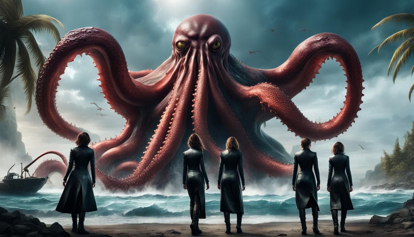 Women Combat Kraken: Detailed Fantasy Concept Art