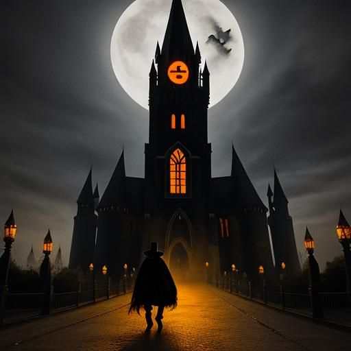 Gloomy Figure Attacks Near Tower: Halloween Scene