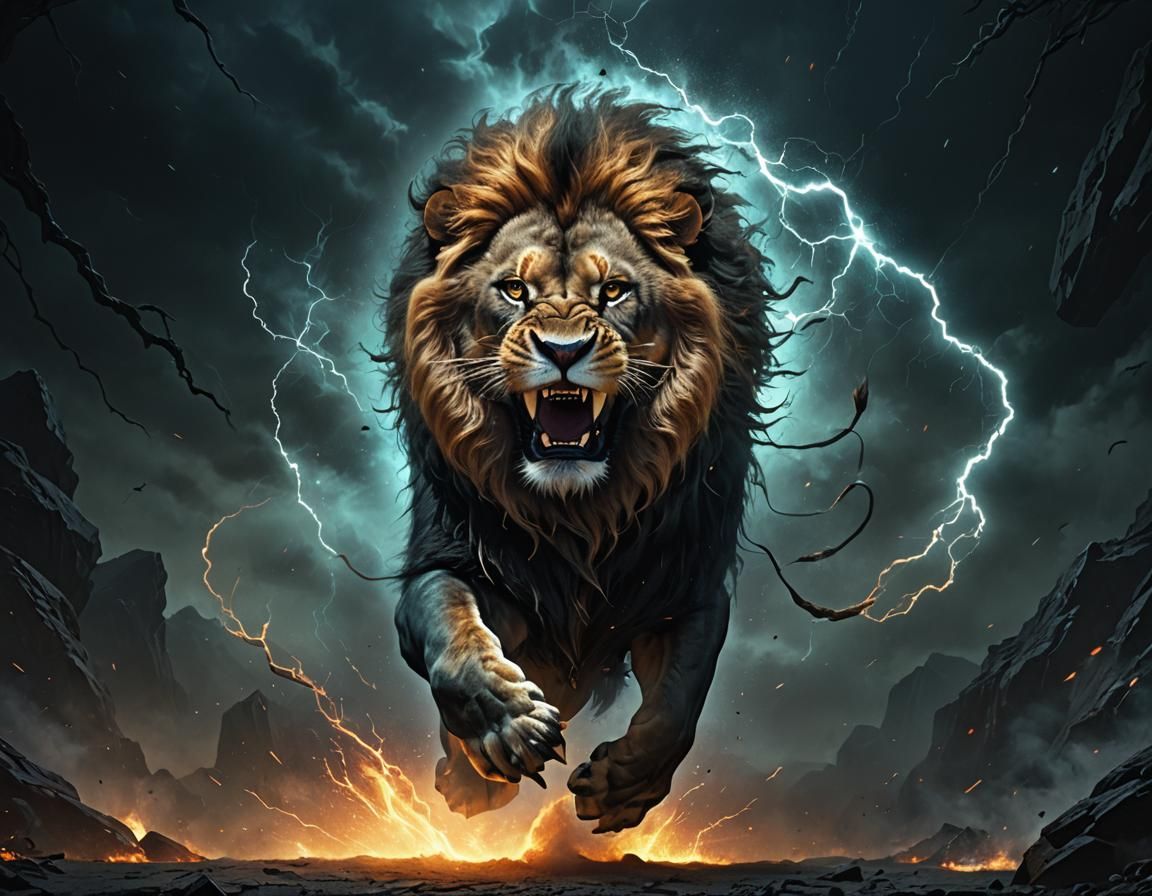 Fierce Bioluminescent Lion Leaping in the Dark