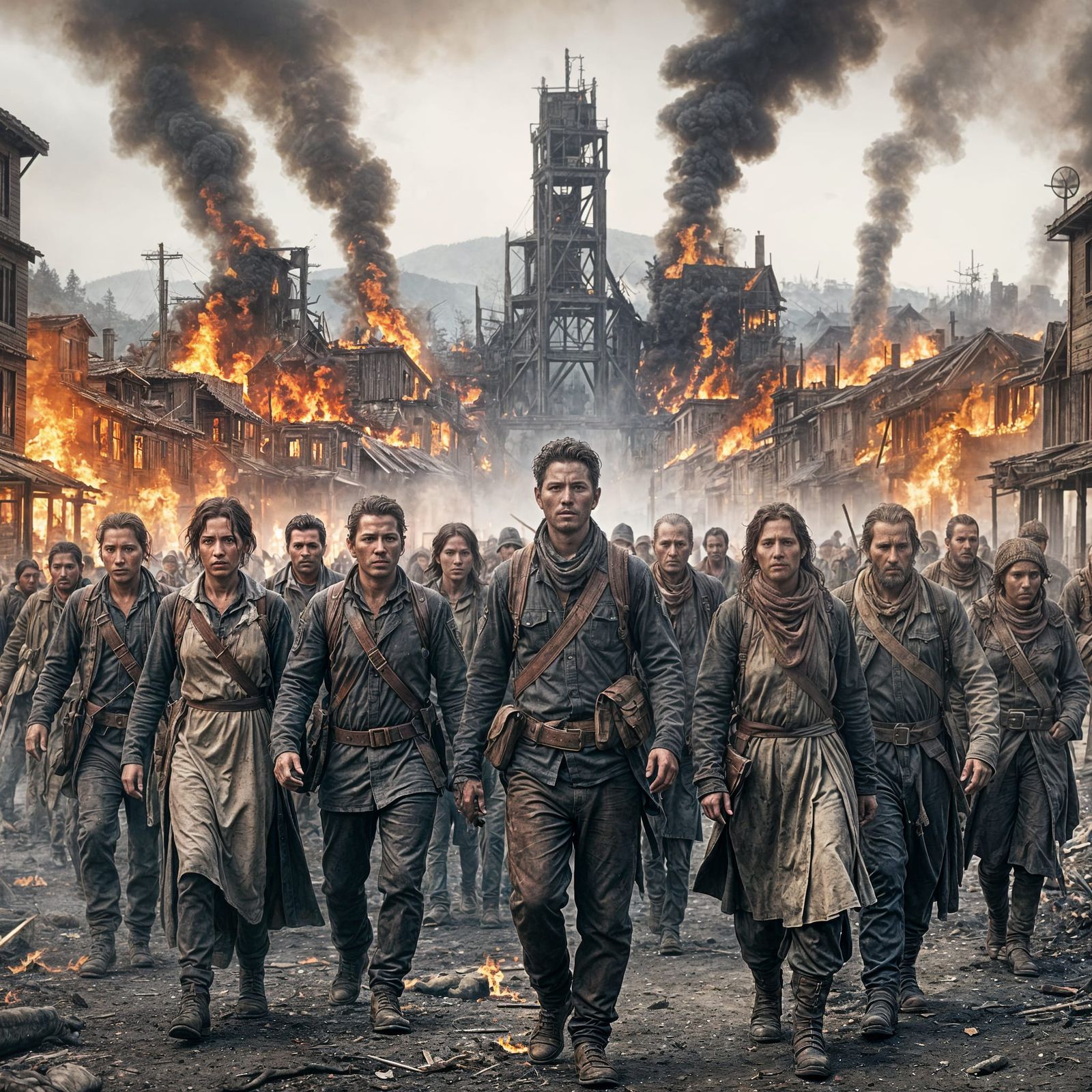 Survivors' Exodus from Burning Town