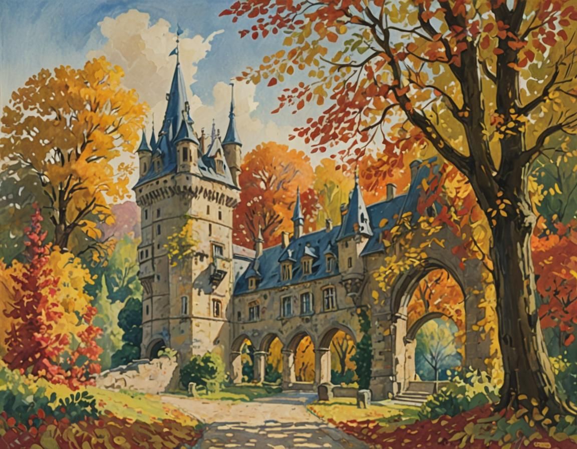 Renaissance Castle Among Autumn Trees, Impressionist Style