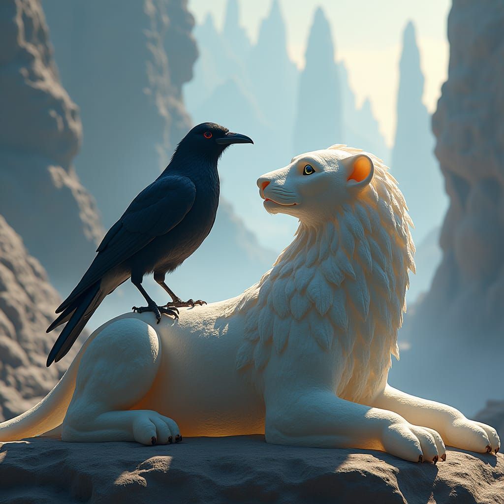 Jackdaw Gazes at Quartz Sphinx in Mystical Landscape