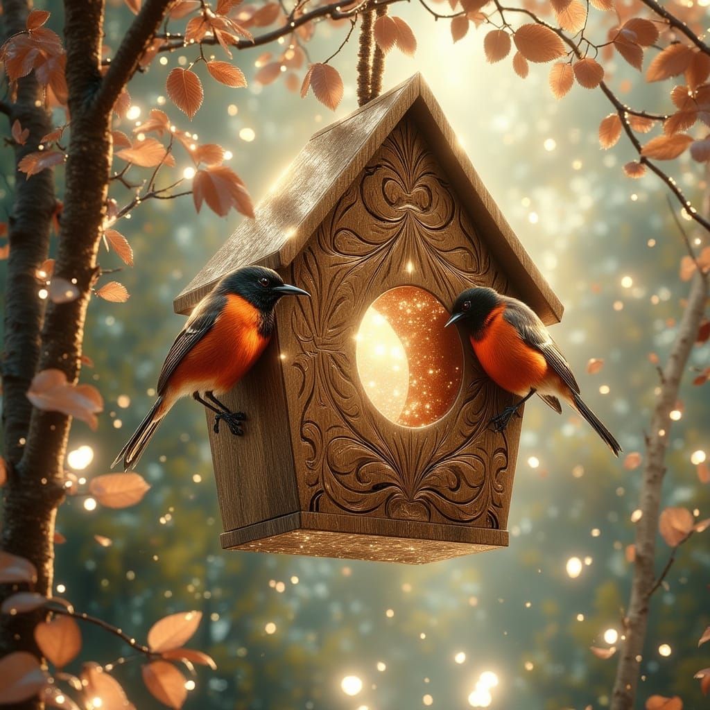 Two Red-Backed Fairywrens Perch Near Ornate Birdhouse