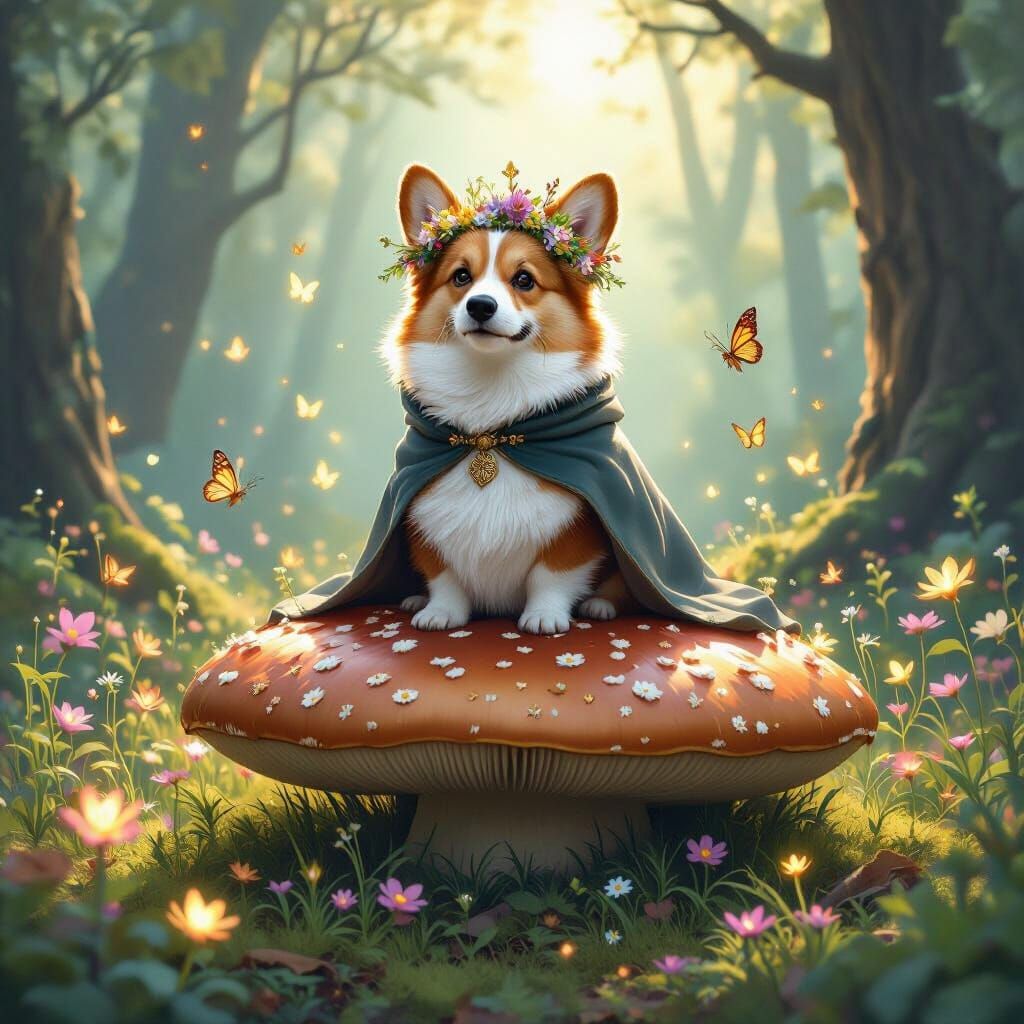 Corgi with Wildflower Crown in Fantasy Forest