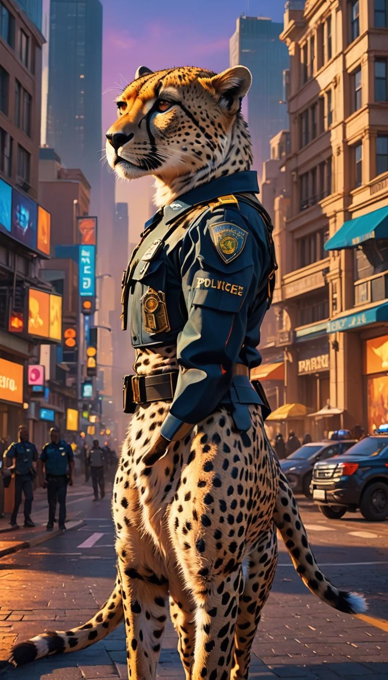 Cheetah Officer Guards City Square: Fantasy Art