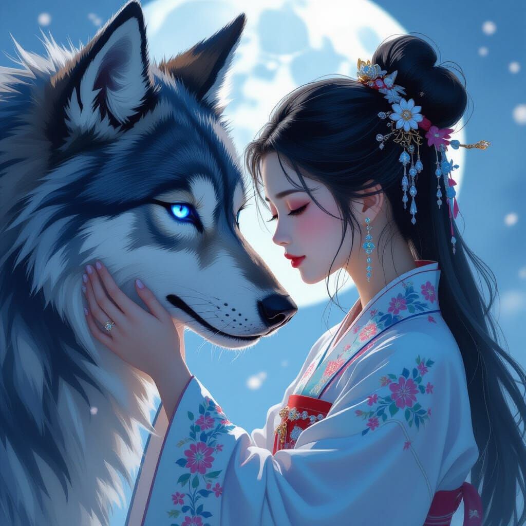 Girl in Hanfu with Hellhound, Dreamy Illustration