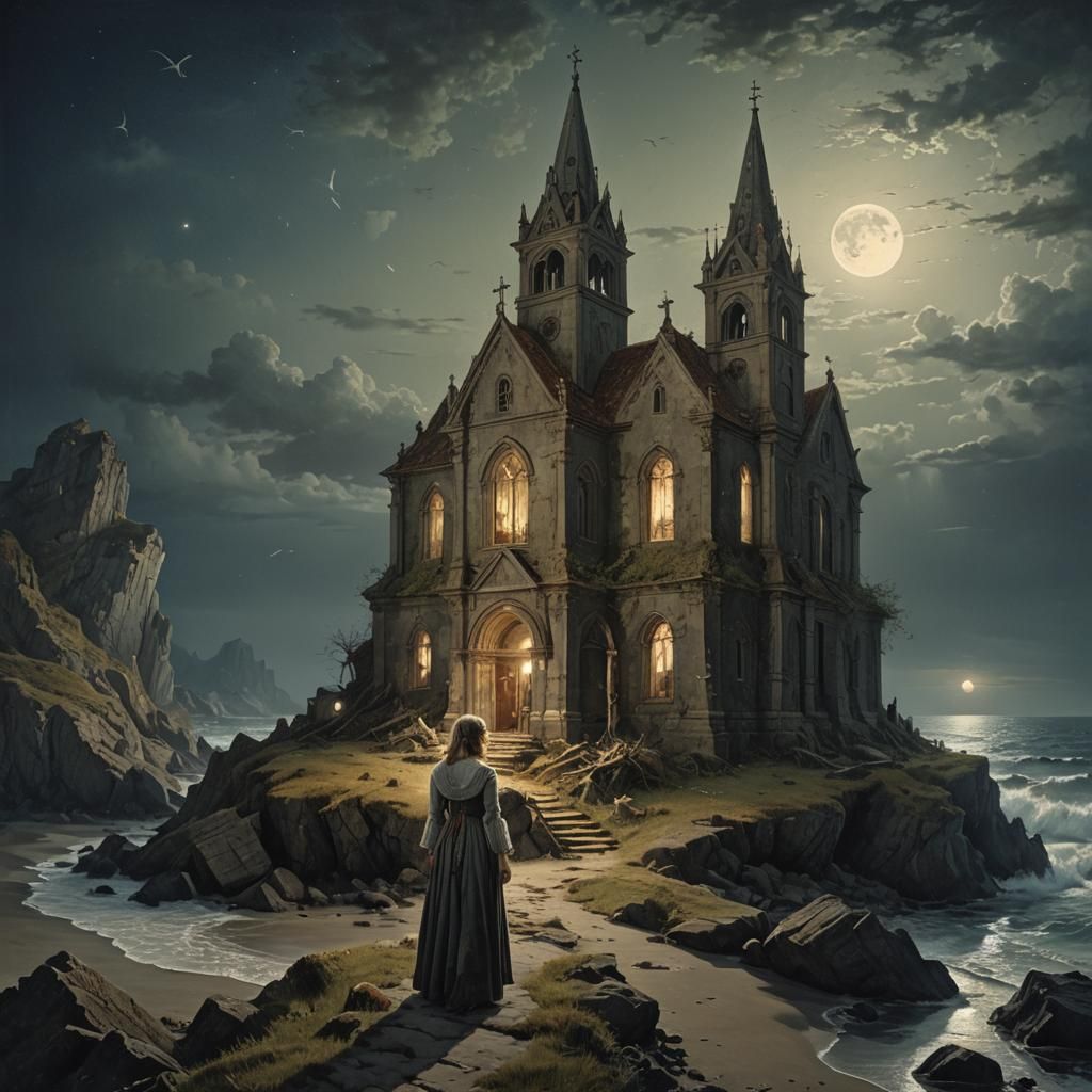 Moonlit Seaside Church Inspired by Masters