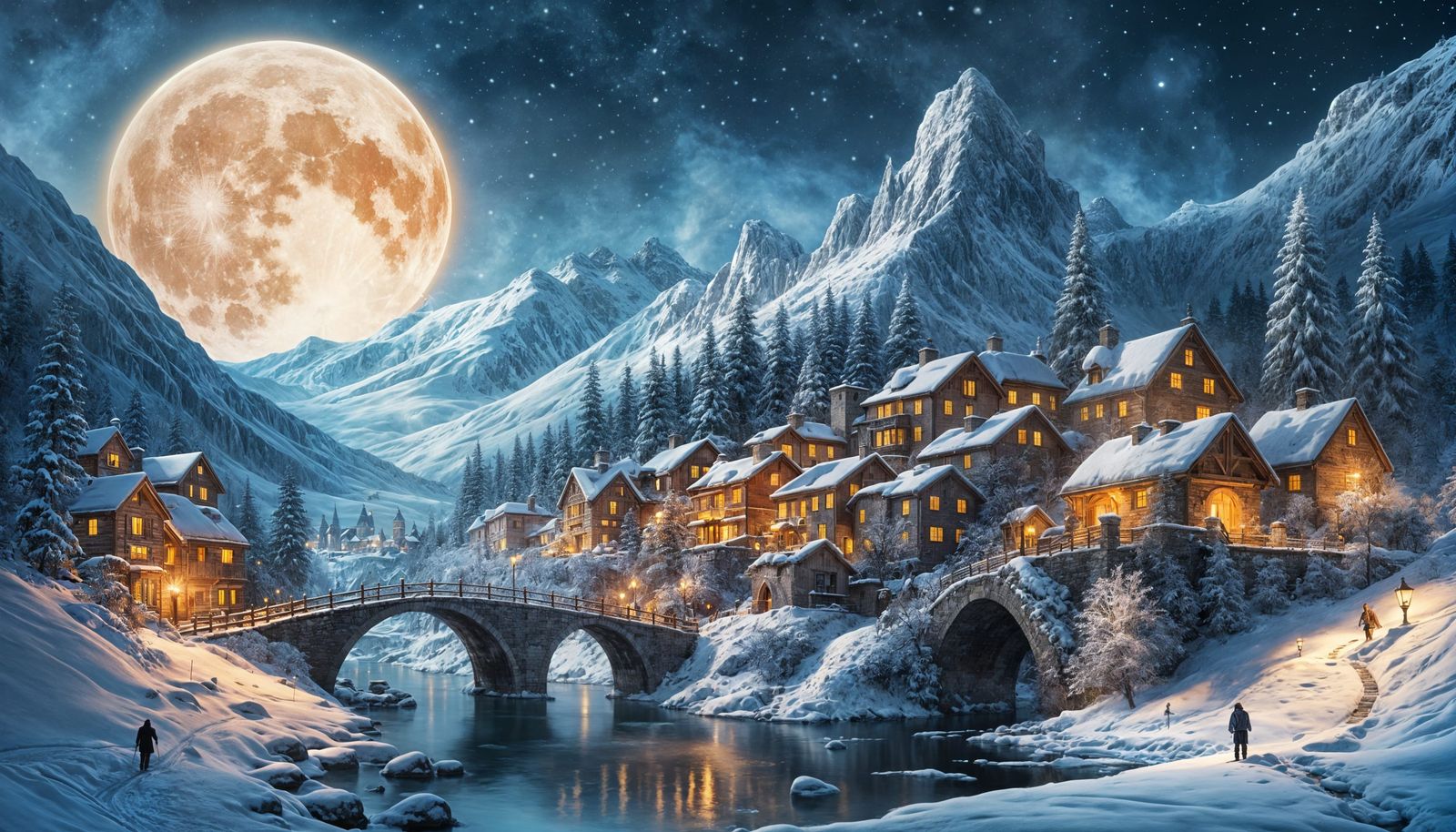 Snowy Medieval Village Under Moonlight: Painterly Realism
