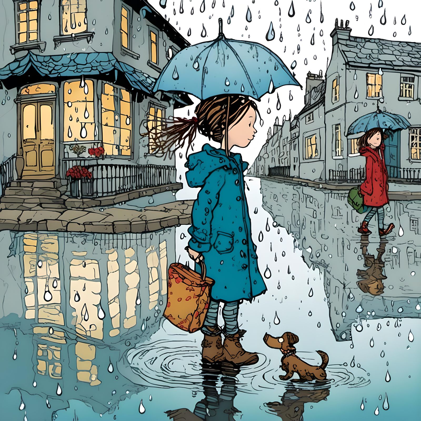 Charming Rain Illustration in Children's Book Style