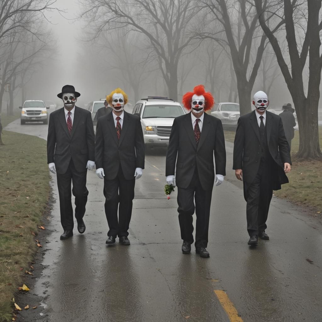 Clowns as Pallbearers at Misty Funeral