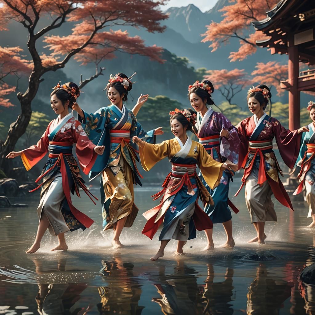 Japanese Women Dancing in Awa Dance Costumes