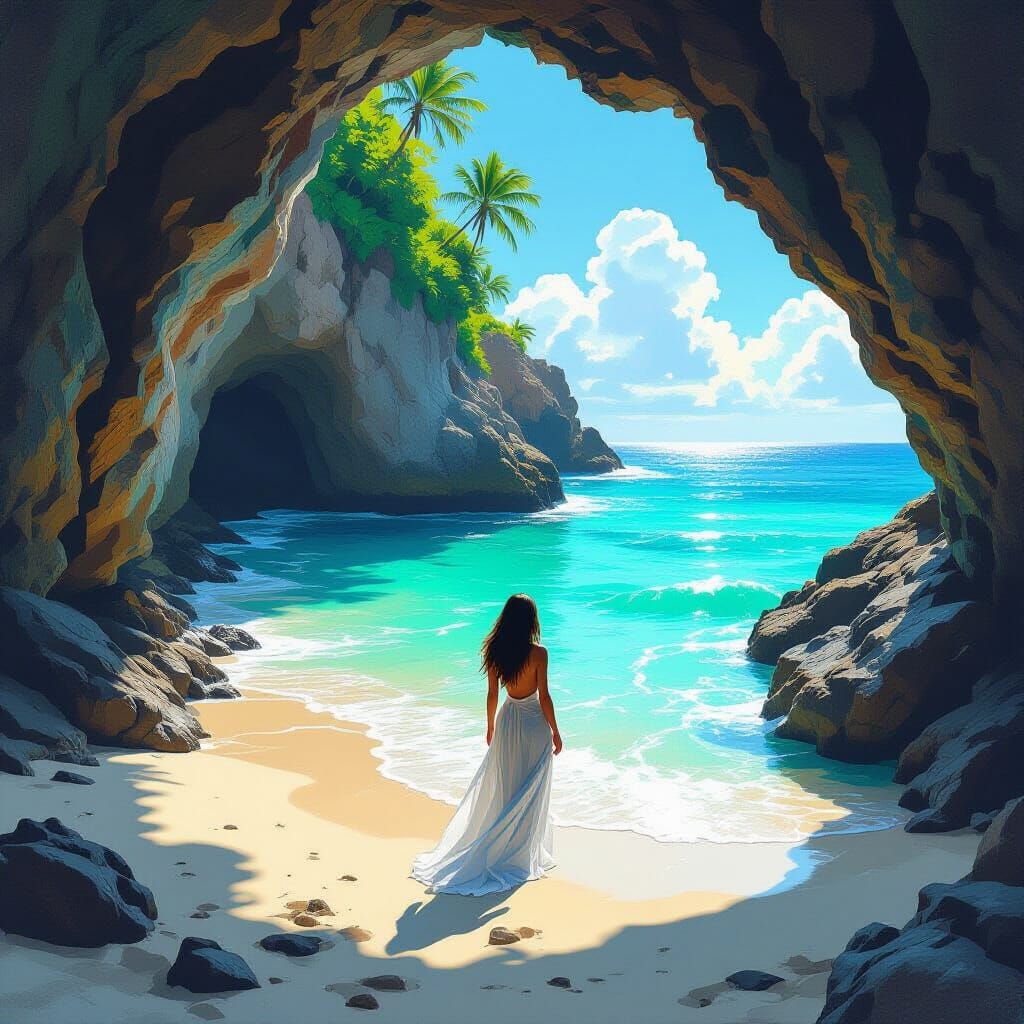 Woman in Beach Cave with Turquoise Ocean Waves