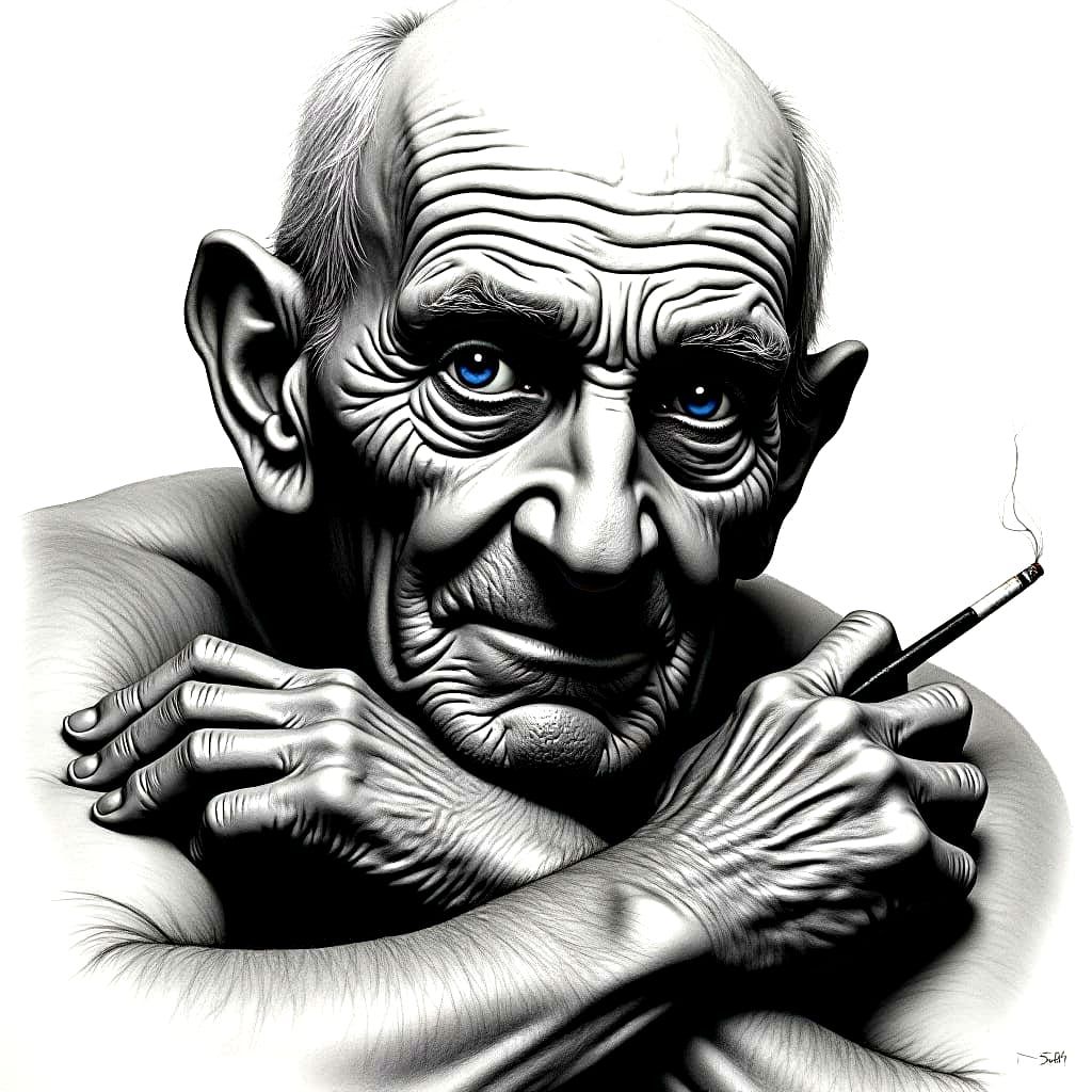 Intense Charcoal Portrait of Smiling Old Man