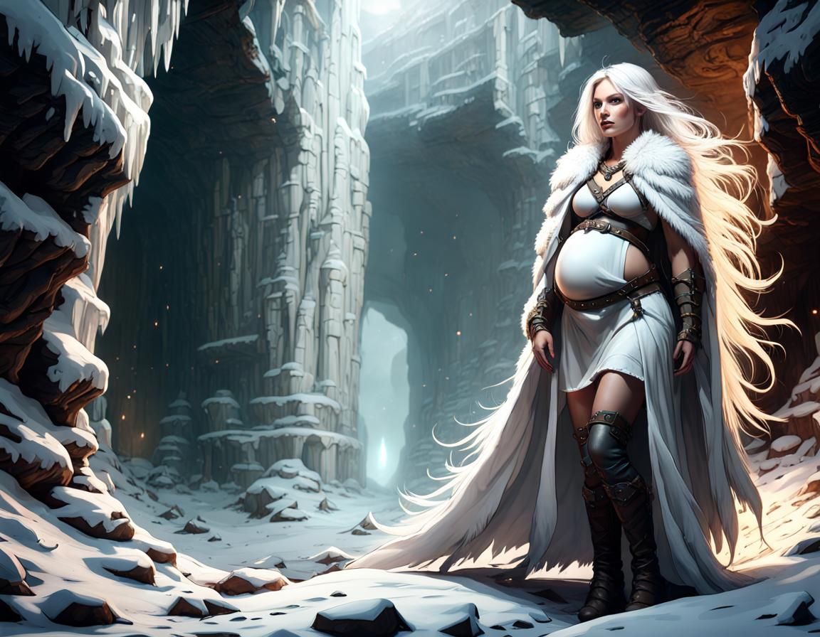 Pregnant Ranger Exploring Cavern in Dark Fantasy Style