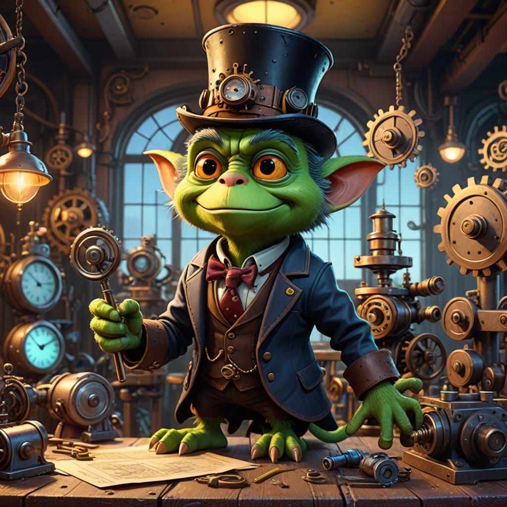 Whimsical Steampunk Gremlin in Clockwork Workshop