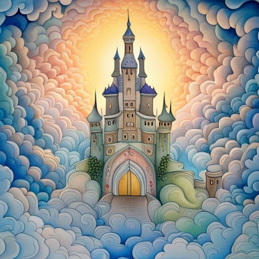 Psychedelic Castle Painting in Watercolour Style