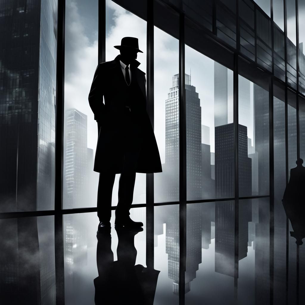 Noir Detective Observing Cityscape in Hyperrealistic Detail