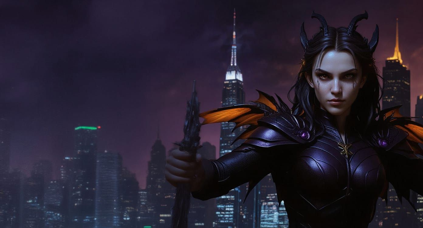 Dragon Wings Over City in Dark Fantasy Style