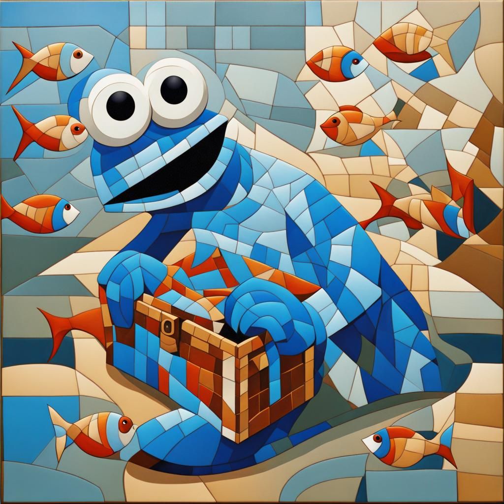 Cookie Monster Scuba Adventure in Mosaic Tile Style