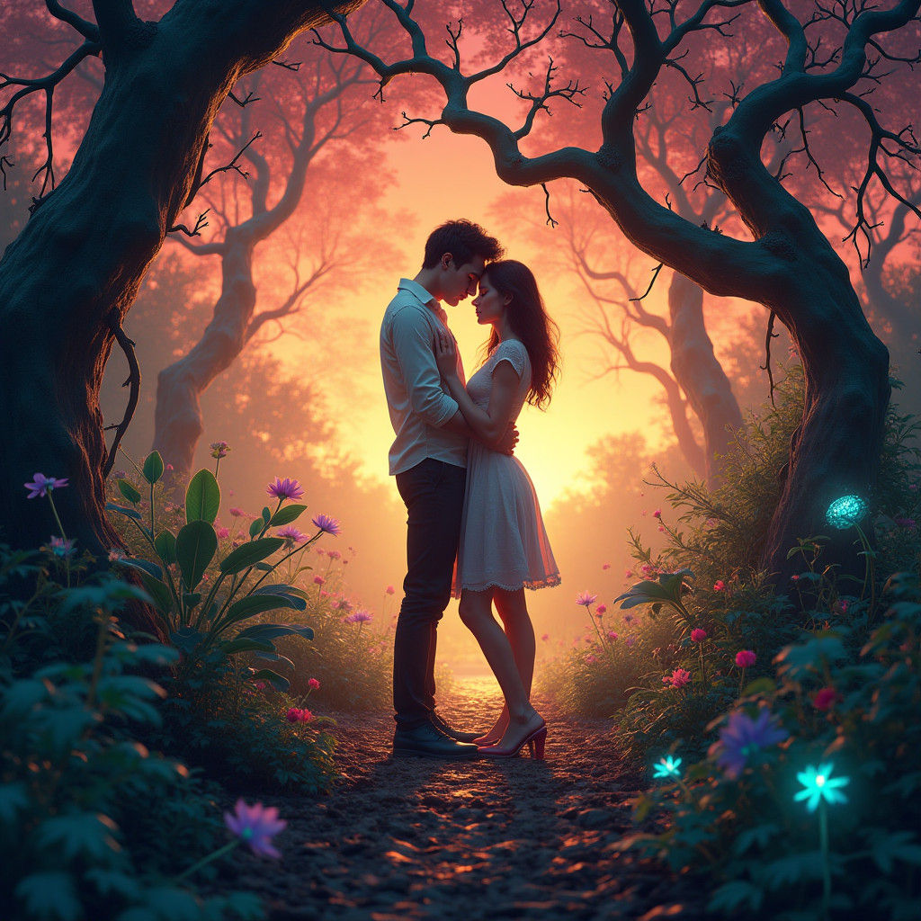 Romantic Embrace in Mystical Golden Hour Landscape