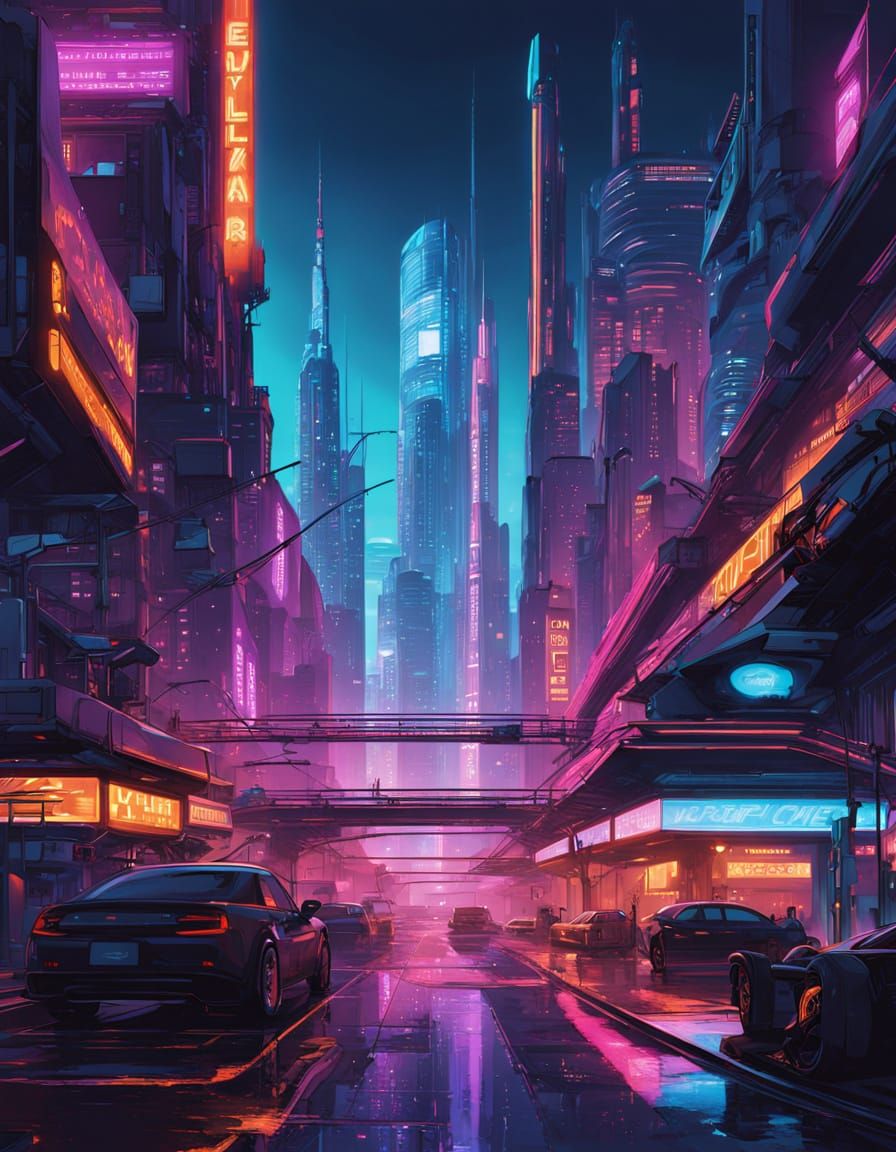 Cyberpunk Cityscape at Night with Neon Lights