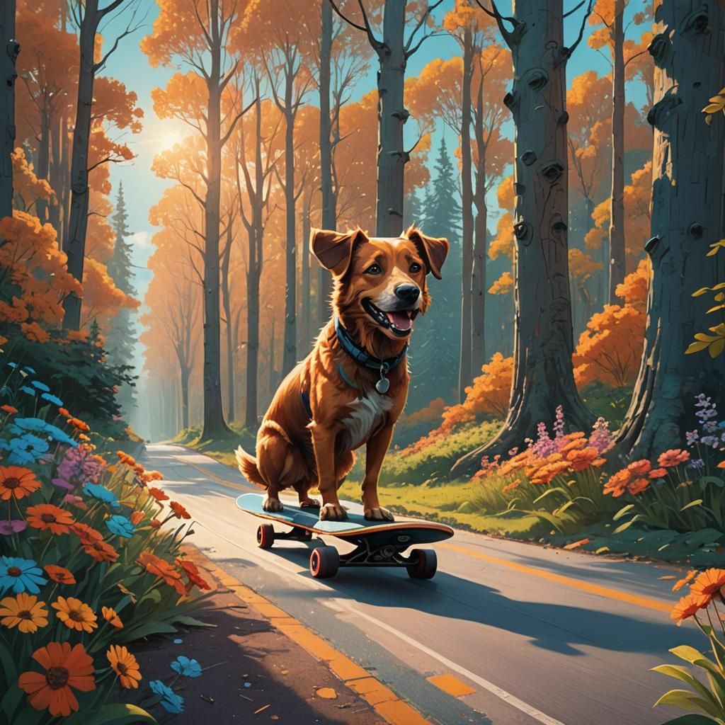 Dog Rides Skateboard on Glowing Road, Matte Painting