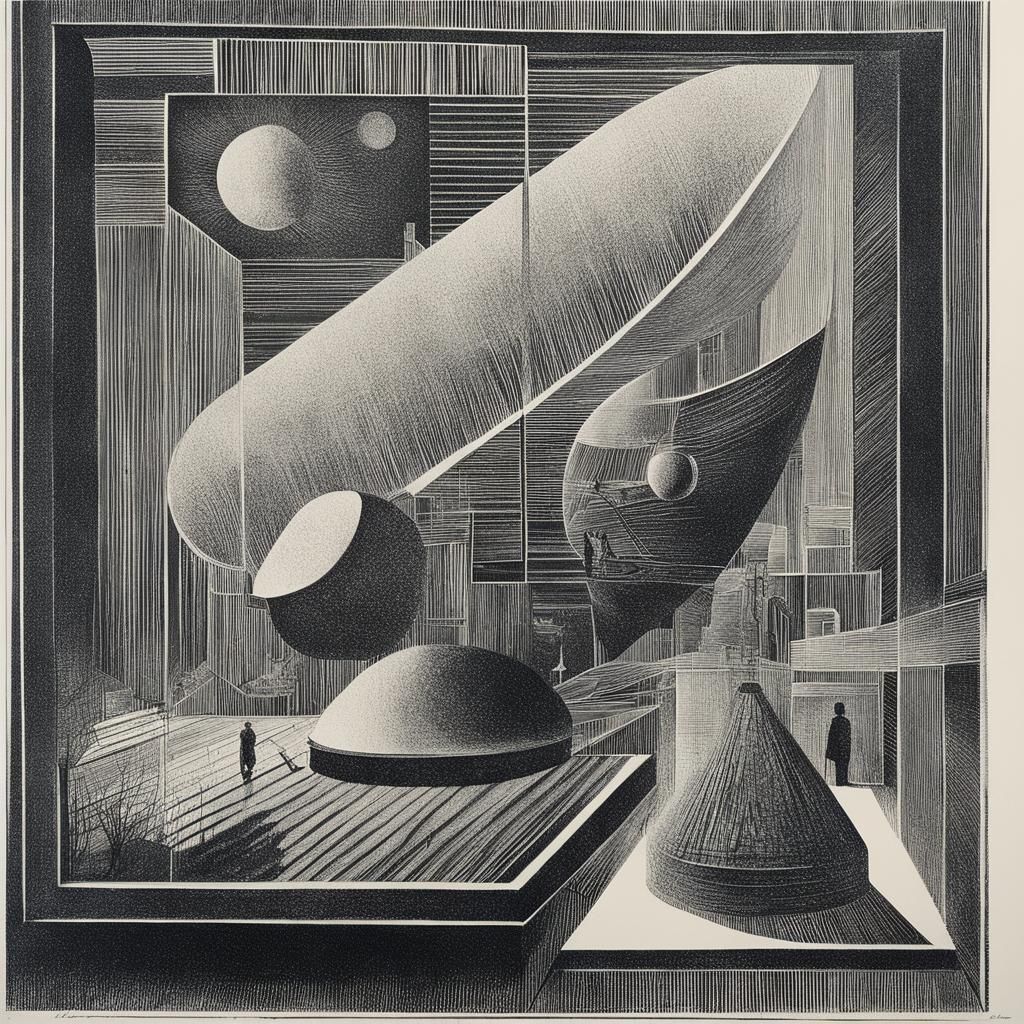 Surrealist Shadows Lithograph in Dadaist Style