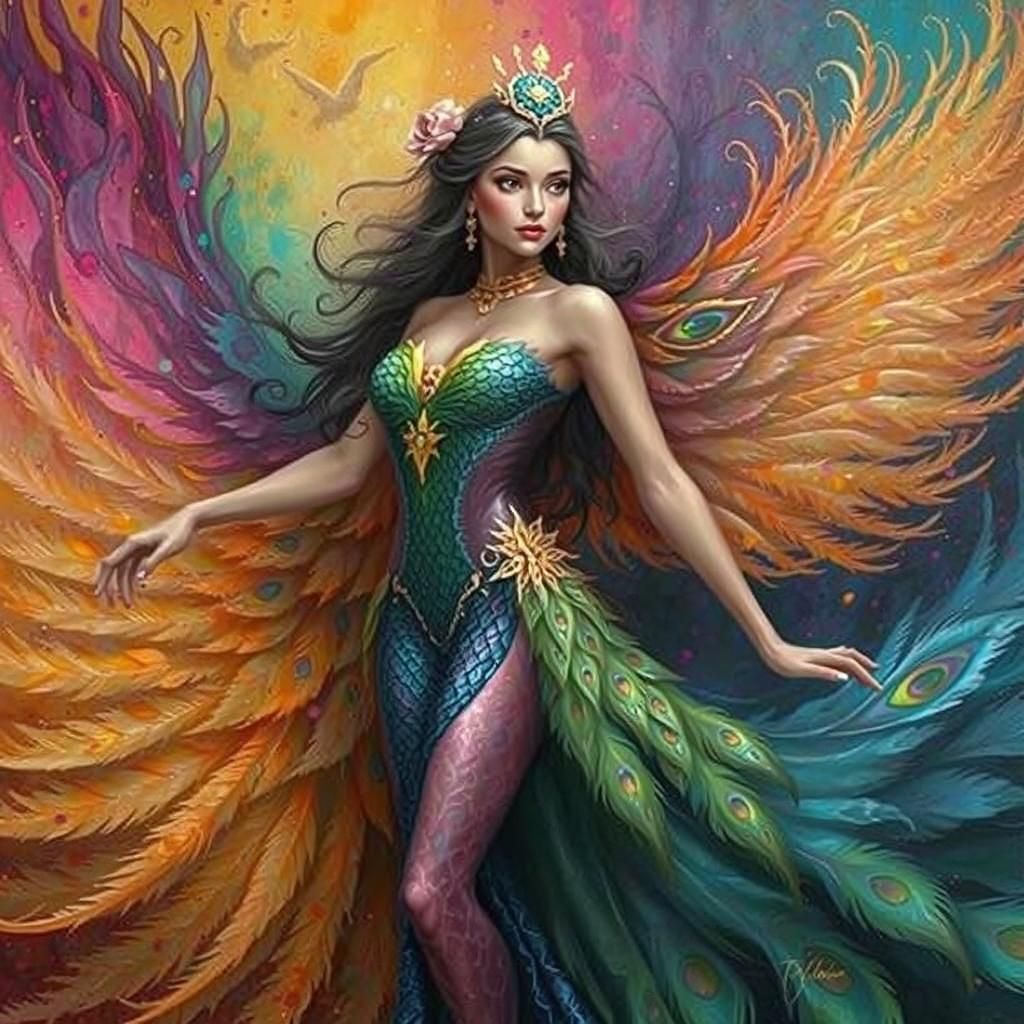 Dragon Peacock Woman in Abstract Expressionism Style
