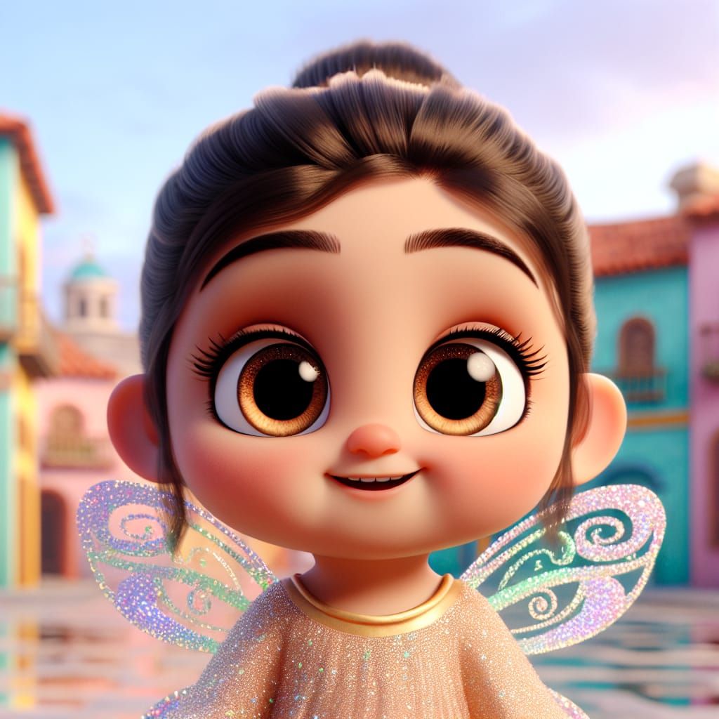 Disney Pixar style 3D adorable little toddler girl, big sweet eyes, round cheeks, happy face, with gorgeous glittery but...