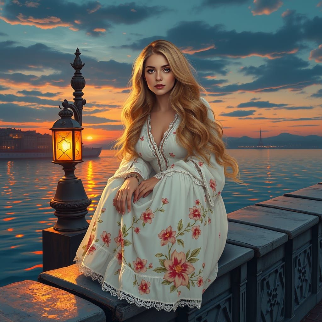 Serenely Seated Beauty Basks in Warmth of Golden Lantern Lig...