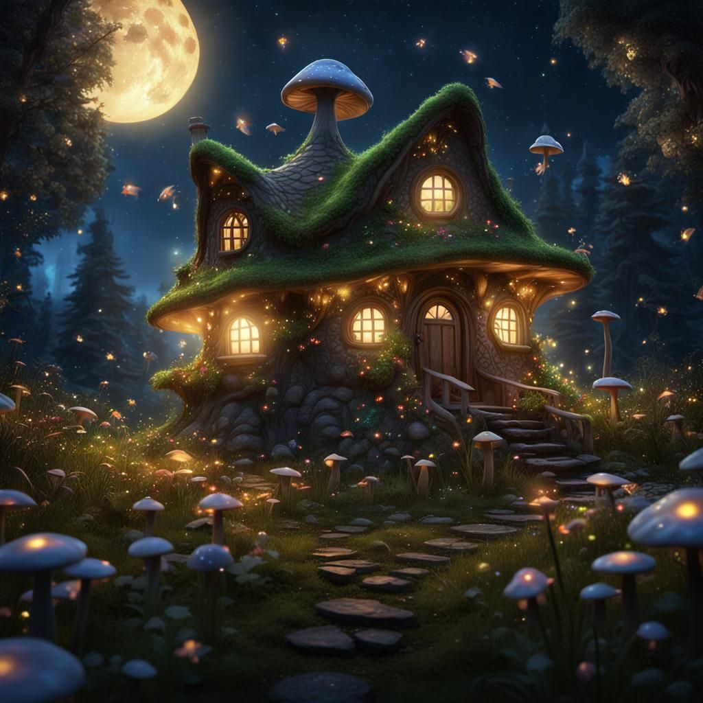 Enchanted Fairy Mushroom House at Night
