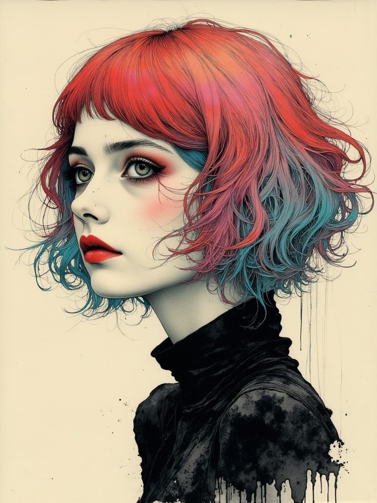 Gothic Young Woman Portrait with Ink Crosshatching