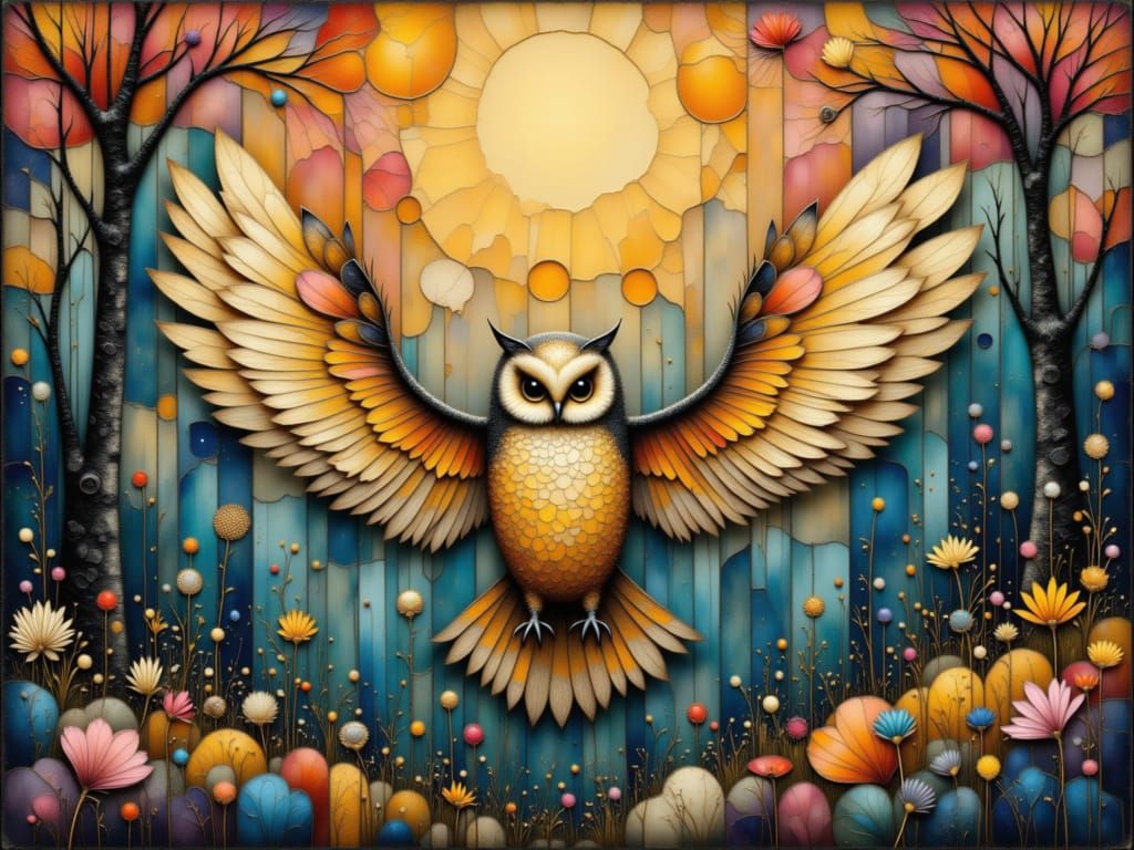 Magnificent Owl in Dawn Forest Clearing, Intricate Line Art