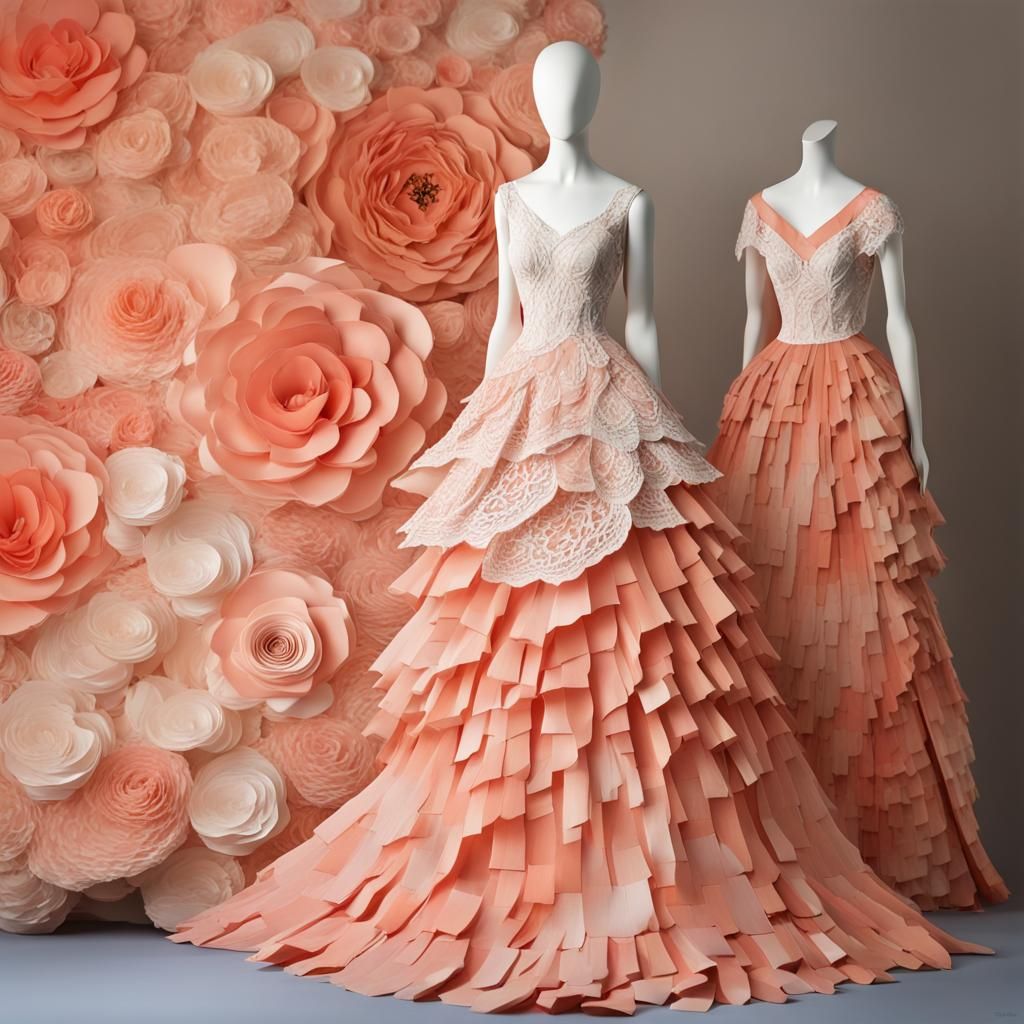 Fine Art Paper Collage :  Rustic Tiered Ripped Paper  Ball Gown : Lace Bodice :  Peach Coral Color Palette : Long Flowin...