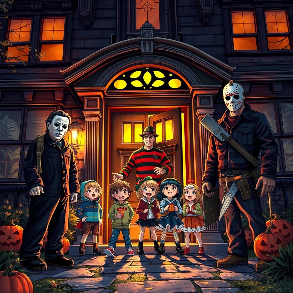 Horror Icons Meet Laughing Children in Anime Style