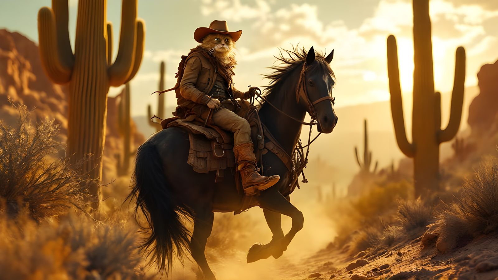 Cat Cowboy Rides Horse in Cinematic Western Scene