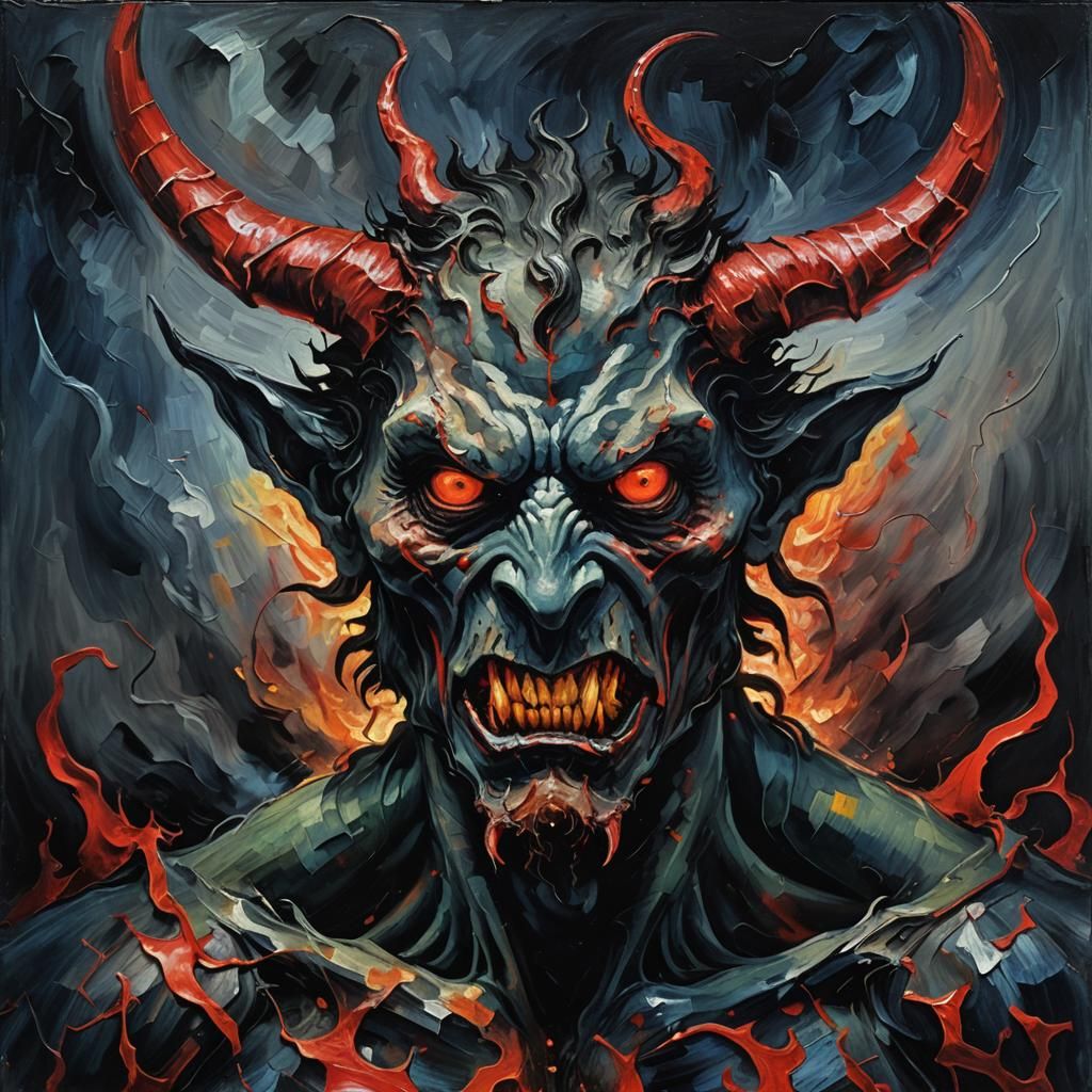 Creepy Demon Portrait in Expressionist Oil Painting